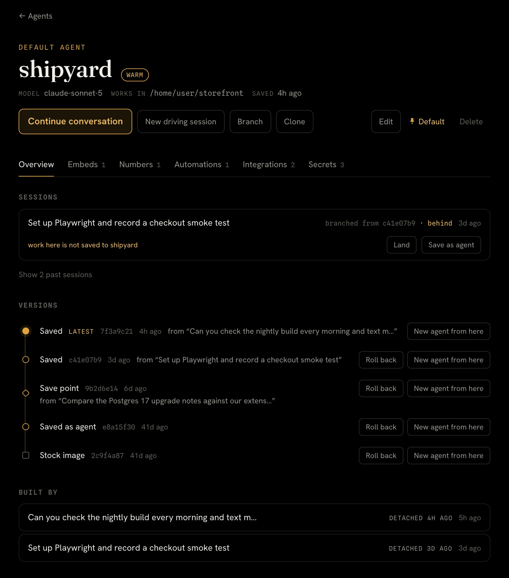 The shipyard agent's page, showing its model, working directory, an open branch session and a history of saved versions.