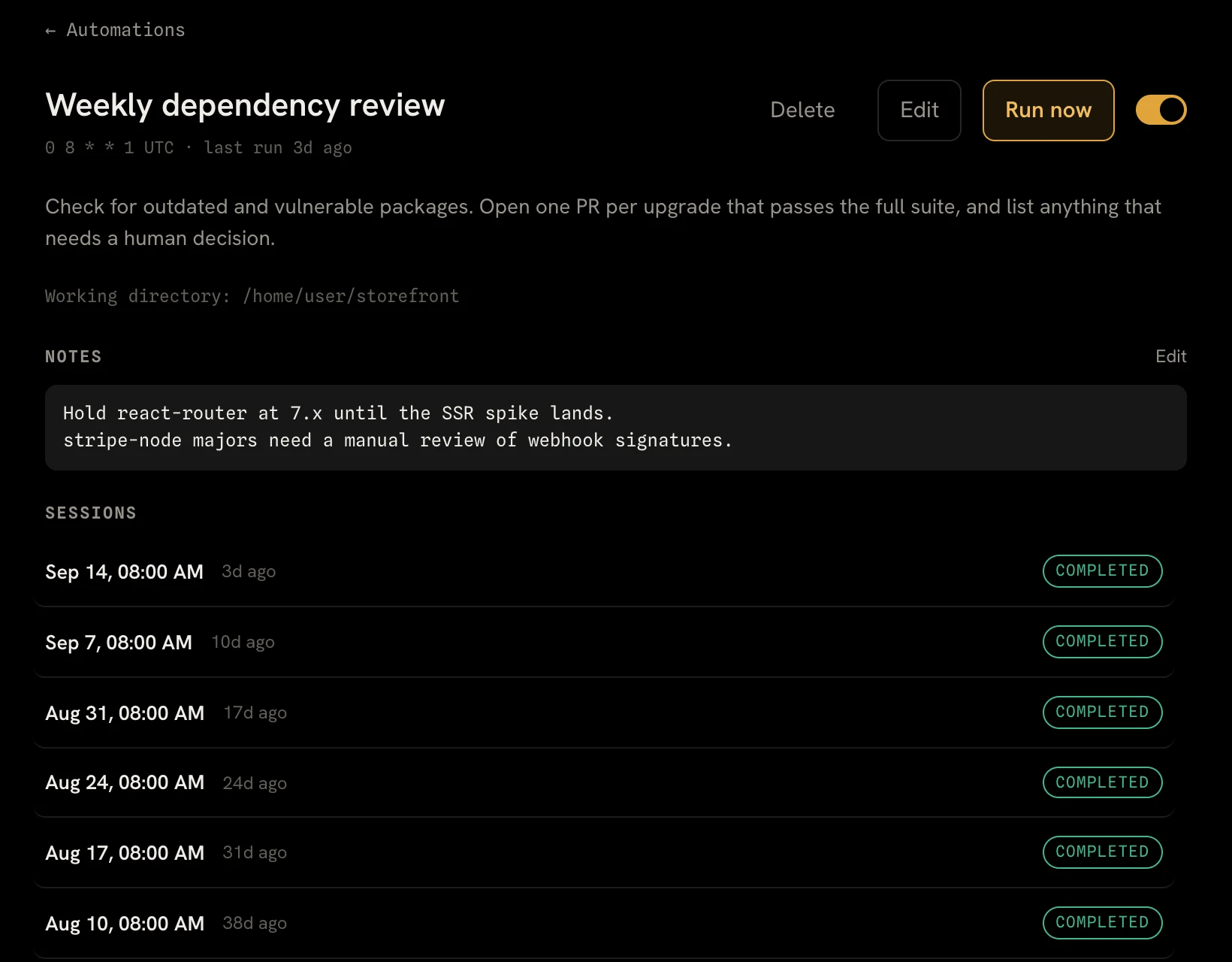 A weekly dependency review automation with its schedule, prompt, the agent's notes and six completed runs.
