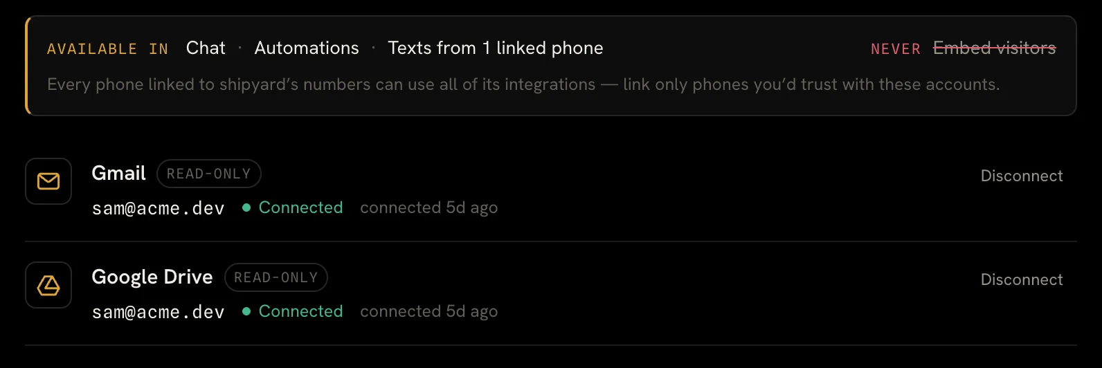 Gmail and Google Drive connected to the shipyard agent, both marked read-only.