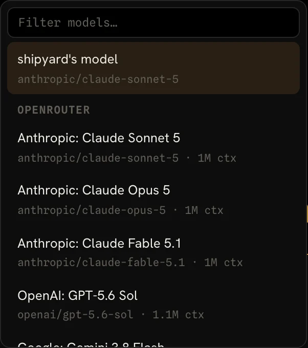 The model picker listing models from OpenRouter.