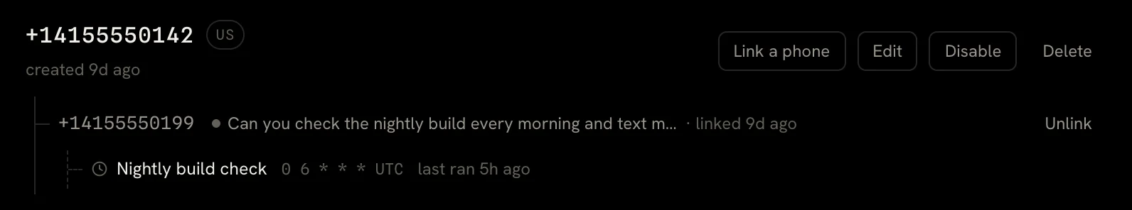 A phone number with one linked phone and its scheduled Nightly build check.