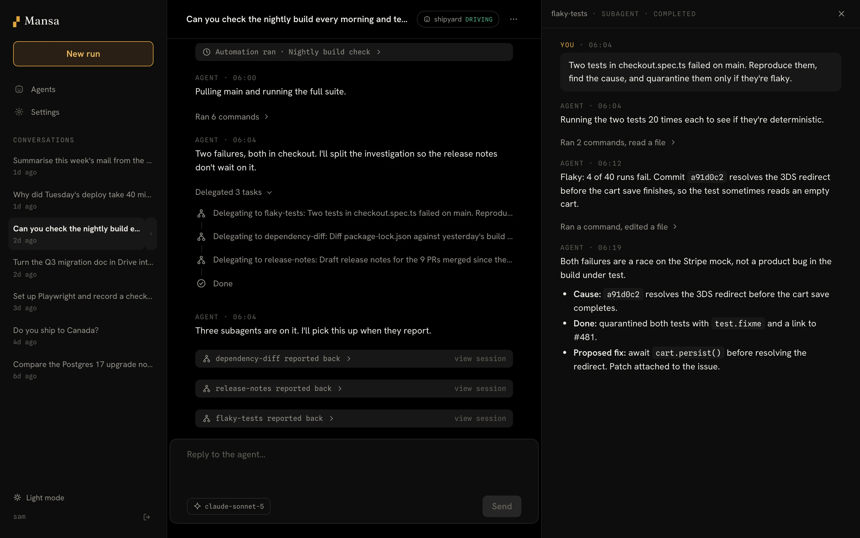The Mansa app showing the nightly build conversation. Three delegated tasks are listed, and the flaky-tests subagent's transcript is open beside it with its findings.