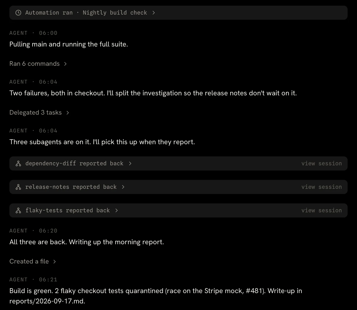 A conversation where the agent delegates three tasks and each subagent reports back before the agent writes its summary.