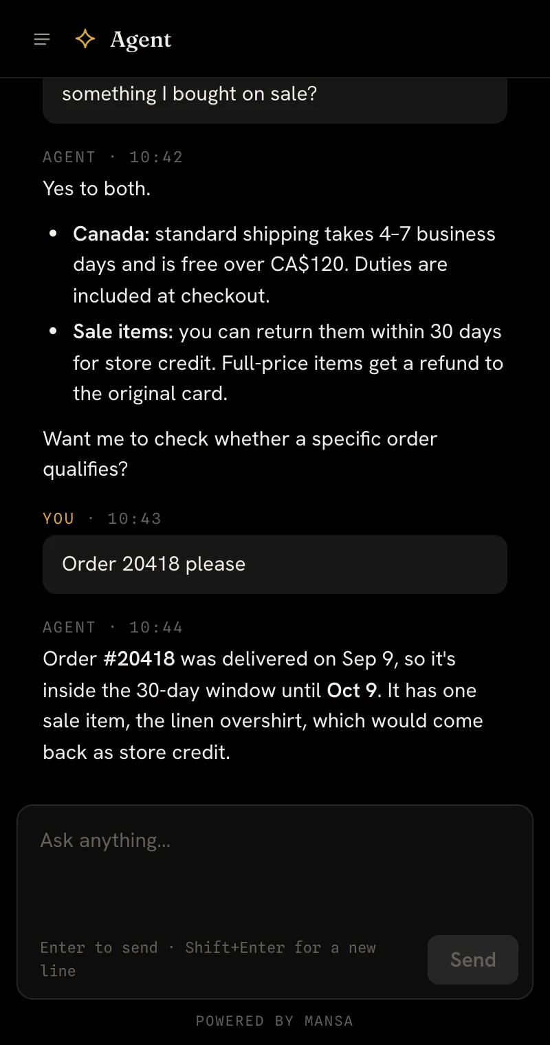 The Mansa chat widget answering a shopper's questions about shipping and returns.